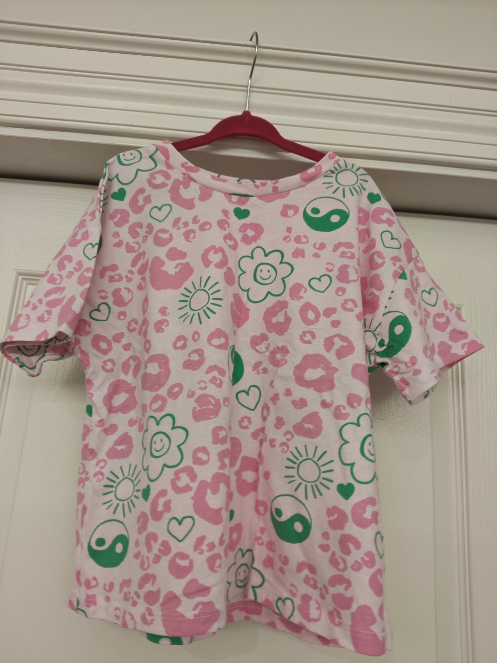 next Pink Tee with Green Smiley Flowers & Yin-Yang Motifs
